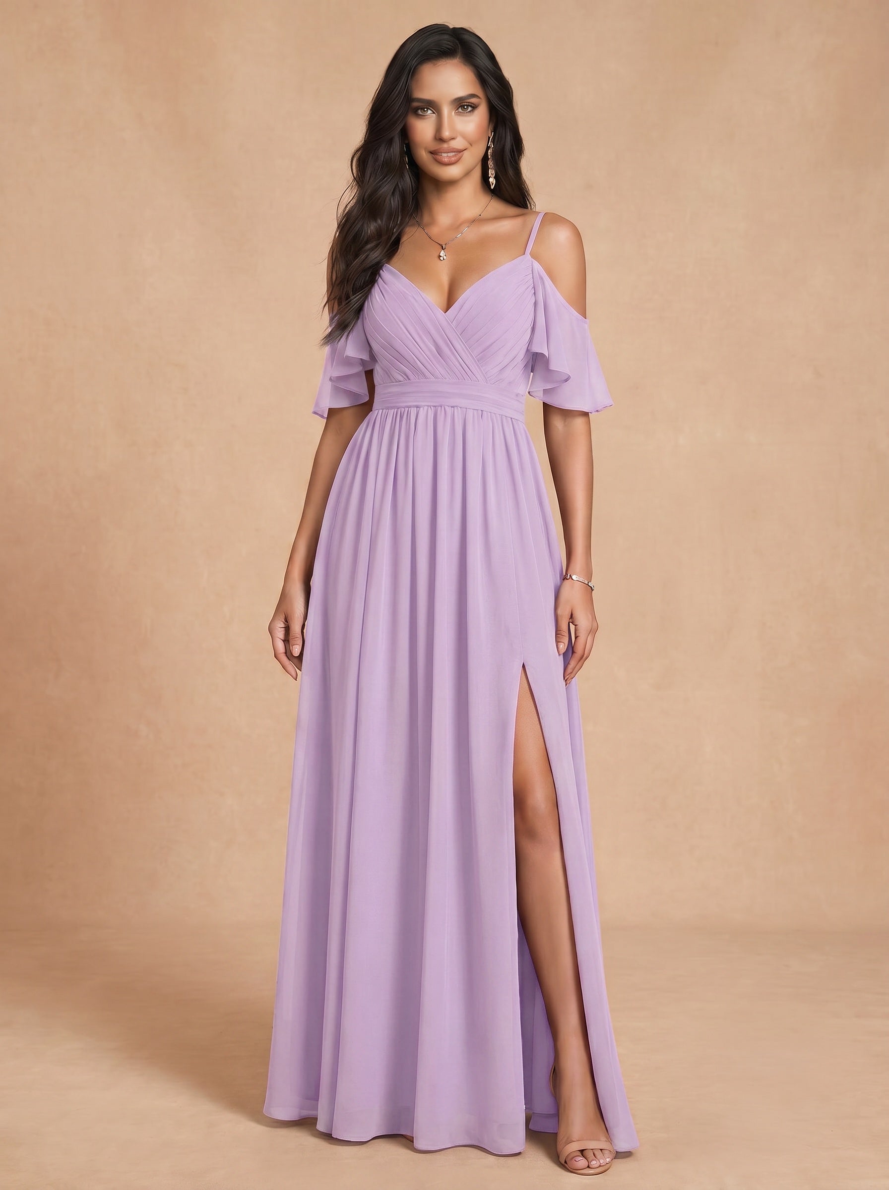Ruched bust spaghetti strap side slit Chiffon bridesmaid dress