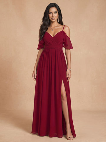 Ruched bust spaghetti strap side slit Chiffon bridesmaid dress