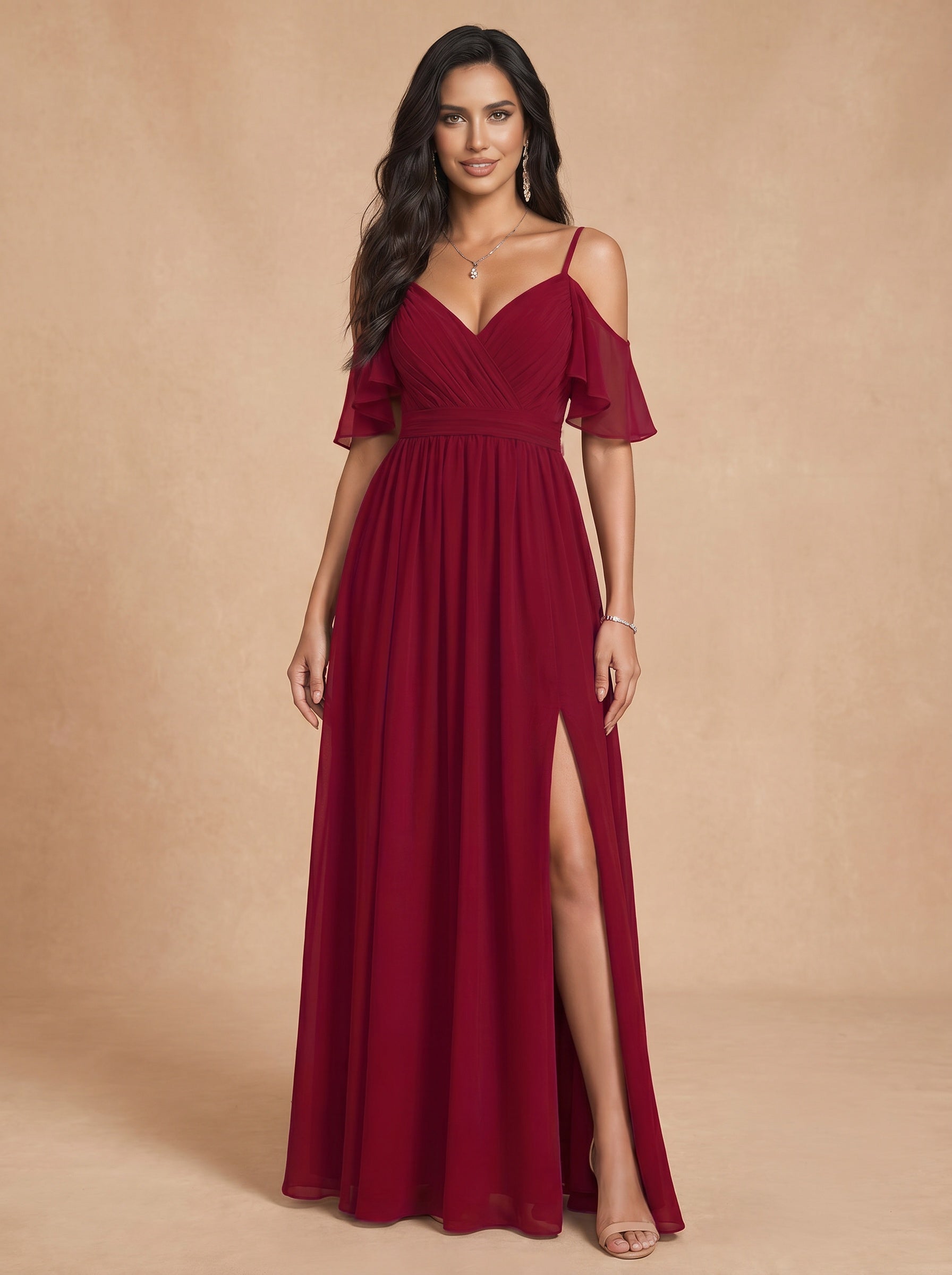 Ruched bust spaghetti strap side slit Chiffon bridesmaid dress
