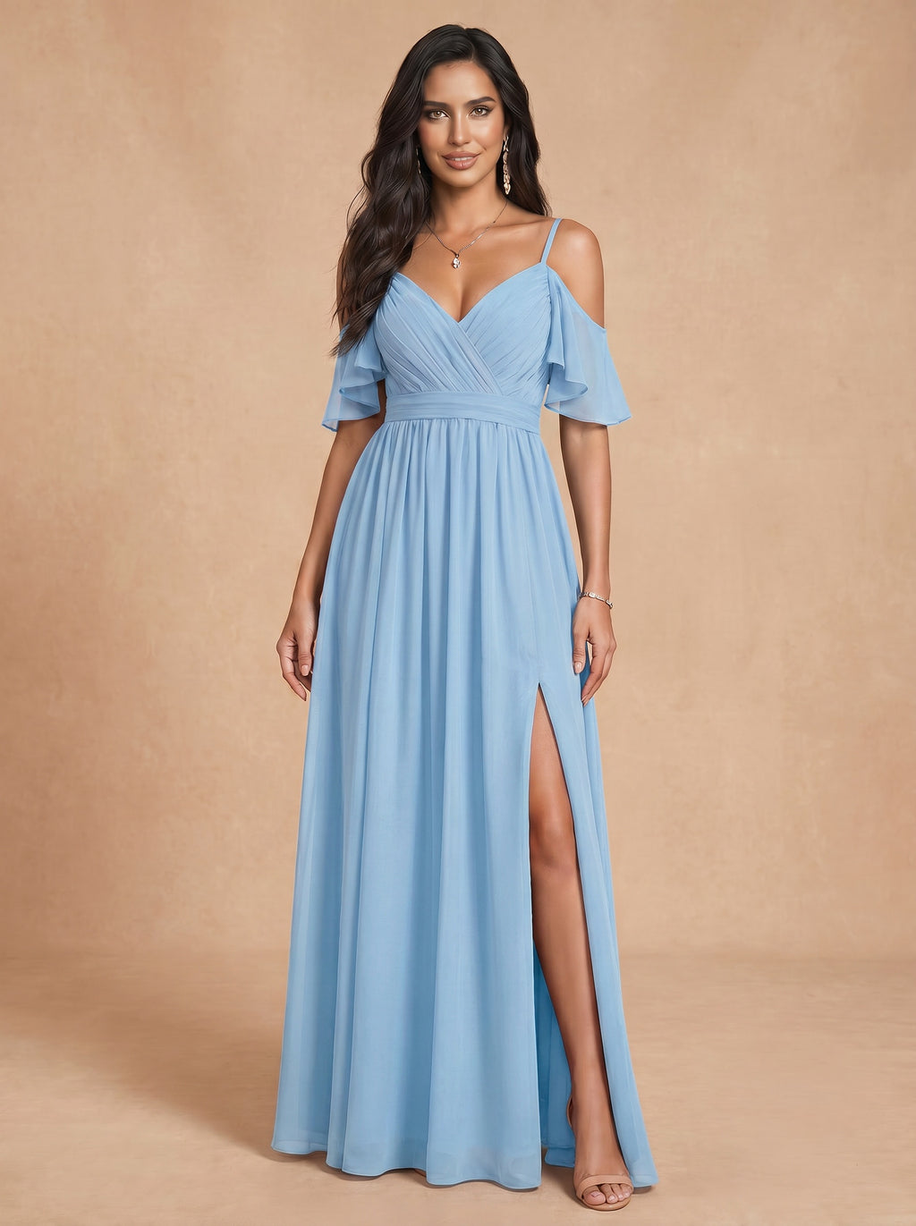 Ruched bust spaghetti strap side slit Chiffon bridesmaid dress