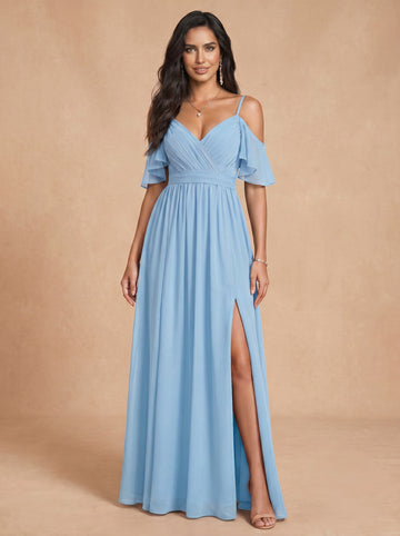 Ruched bust spaghetti strap side slit Chiffon bridesmaid dress