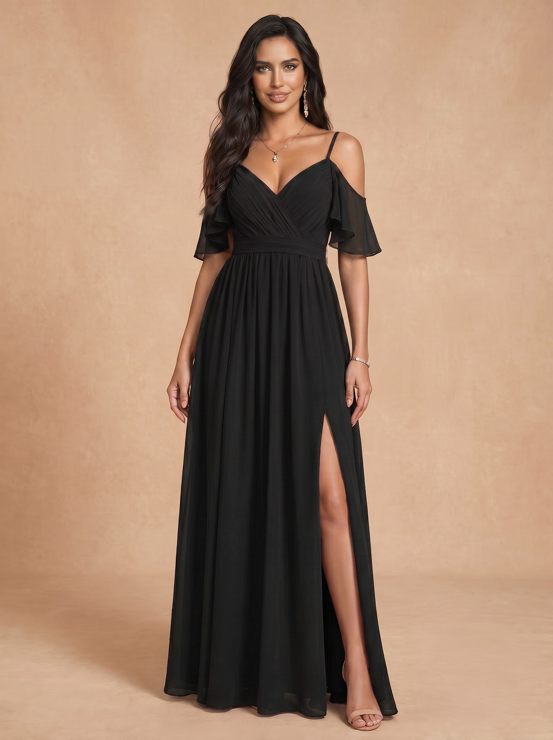 Ruched bust spaghetti strap side slit Chiffon bridesmaid dress