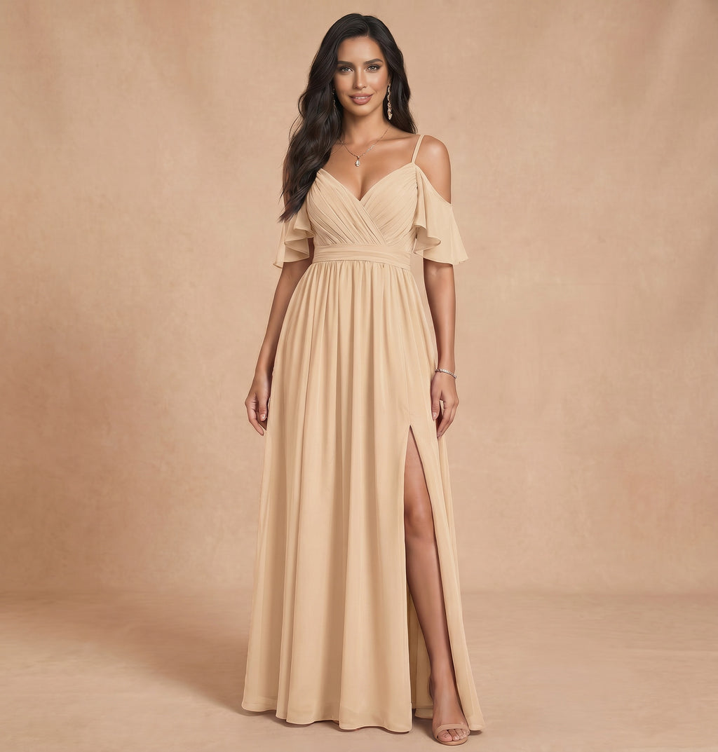 Ruched bust spaghetti strap side slit Chiffon bridesmaid dress
