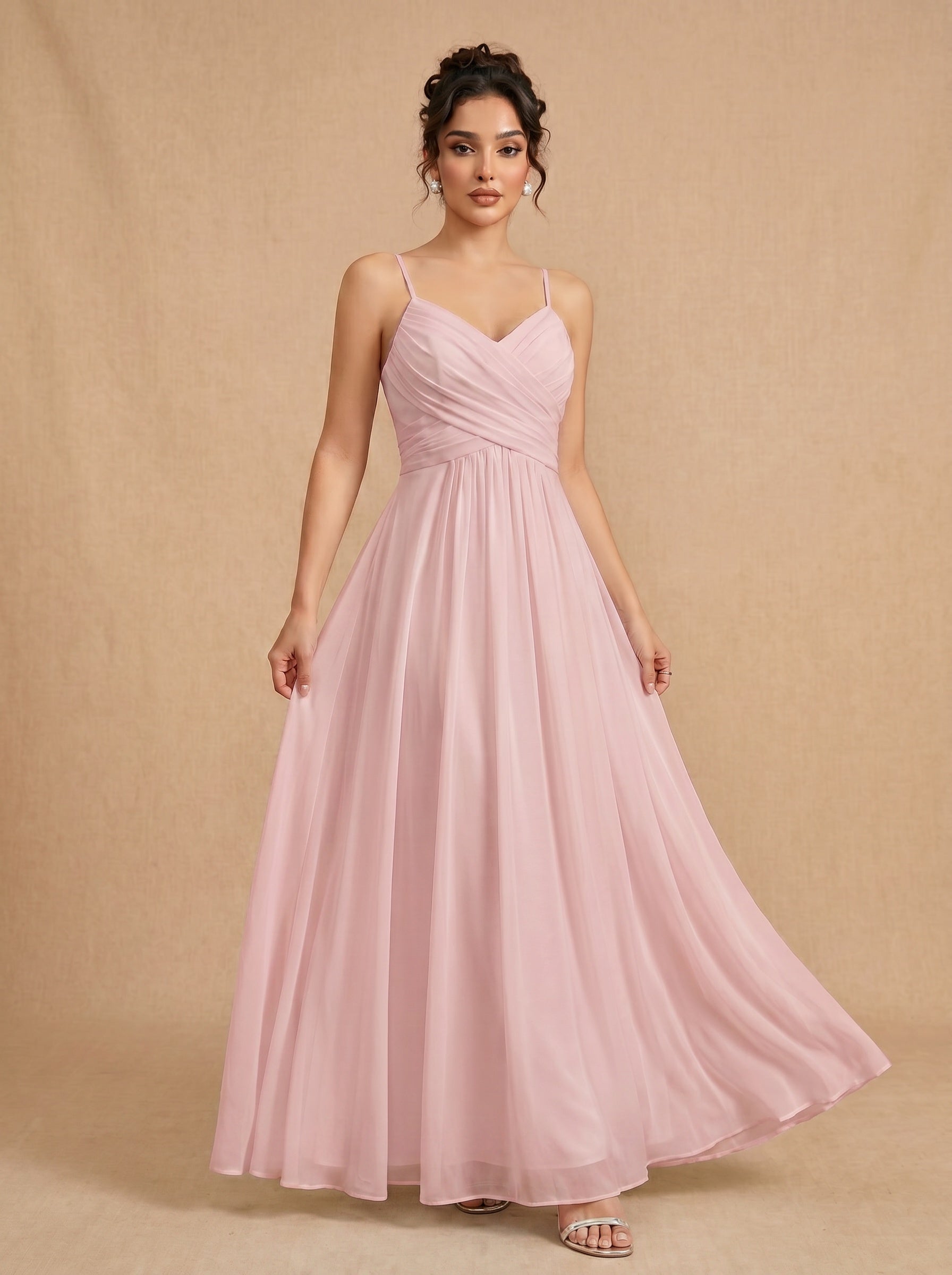Lace up spaghetti strap ruched bust backless Chiffon bridesmaid dress