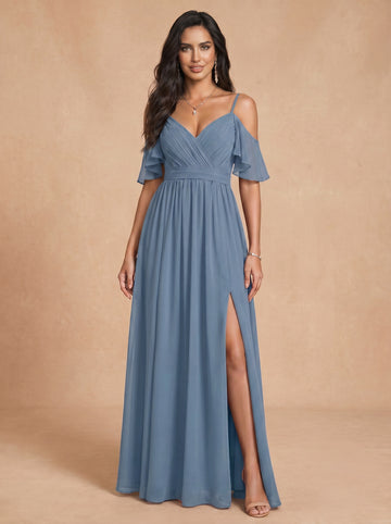 Ruched bust spaghetti strap side slit Chiffon bridesmaid dress