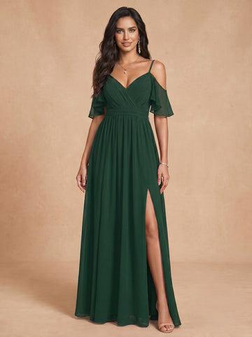 Ruched bust spaghetti strap side slit Chiffon bridesmaid dress