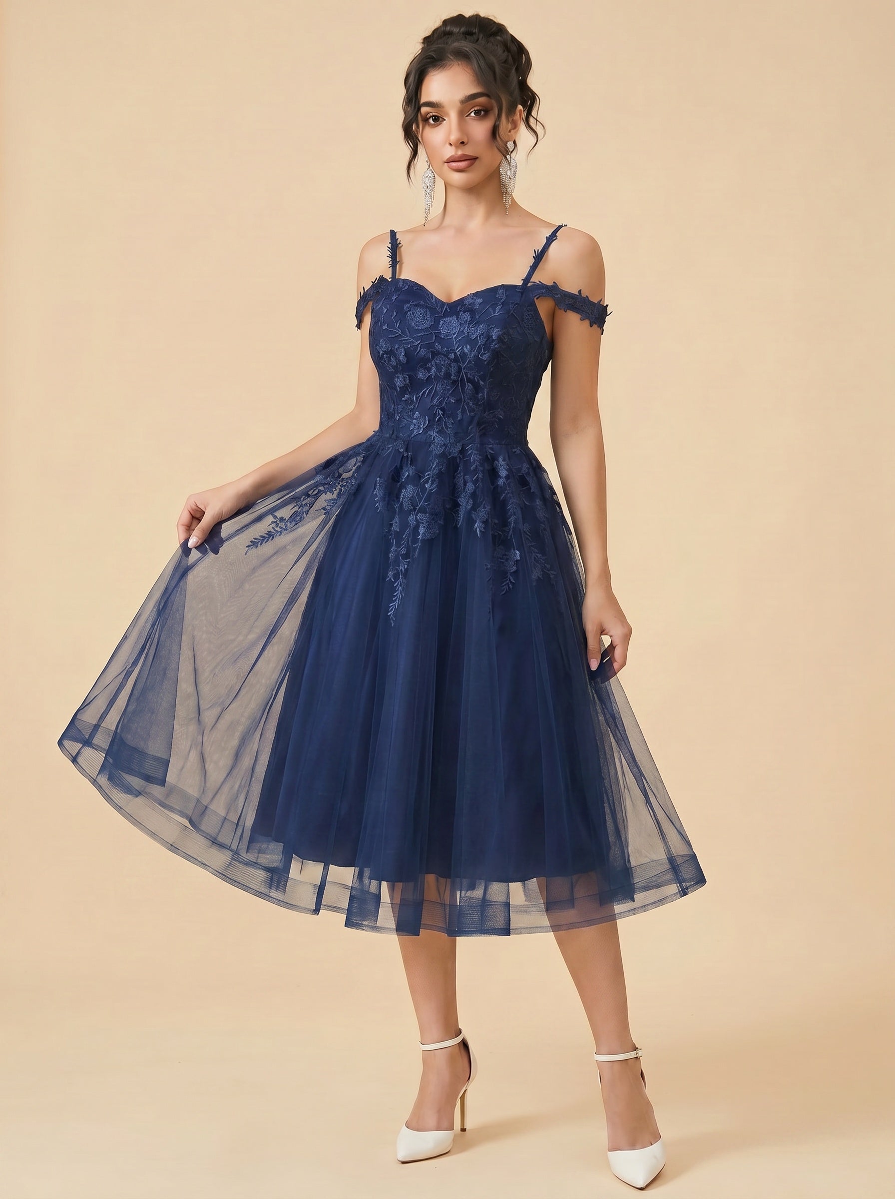 Off-the-shoulder/spaghetti strap midi Wedding Dresses,Tulle prom Dress
