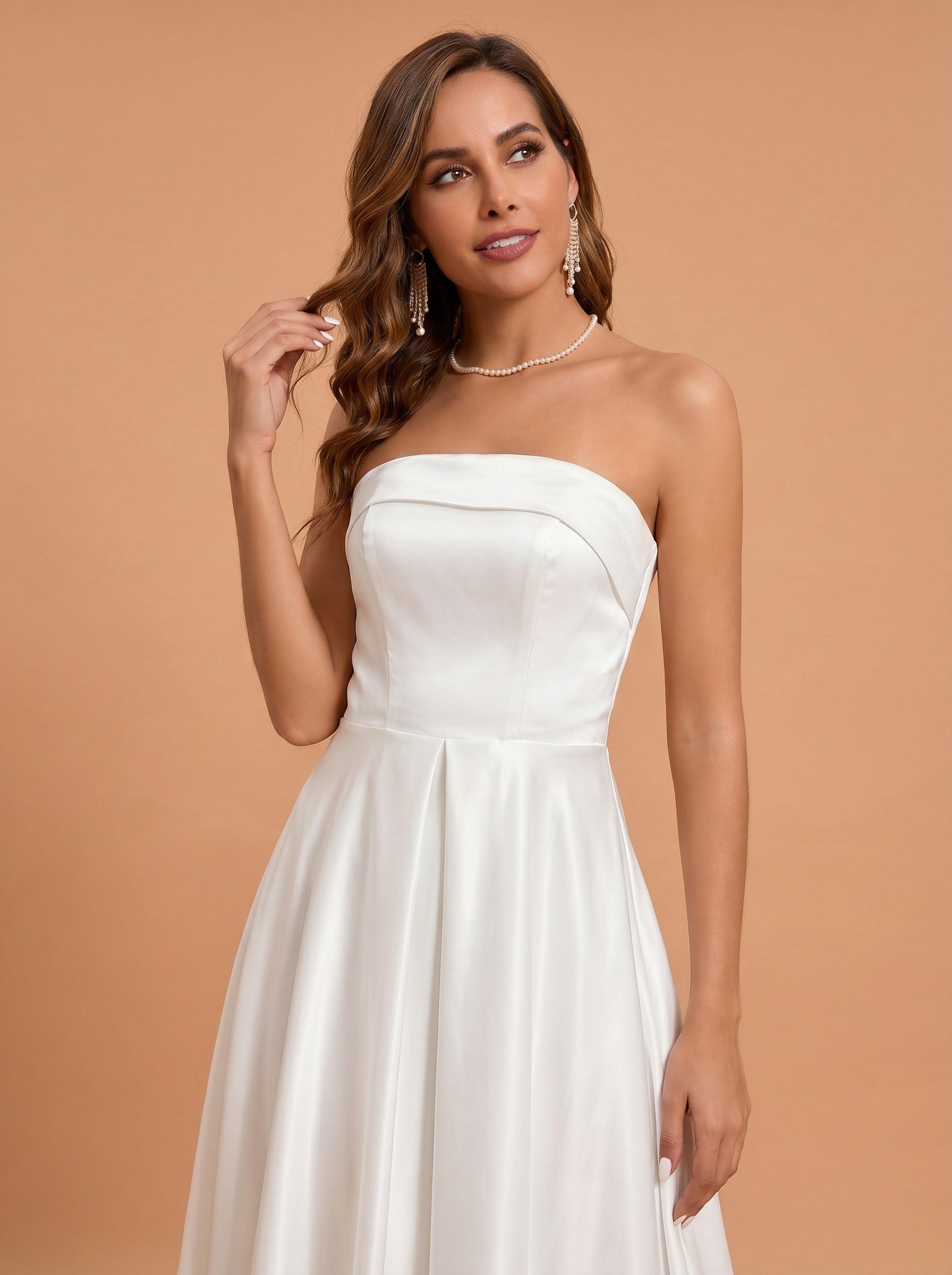 Classic folded satin white dress with pockets，midi length prom Dress