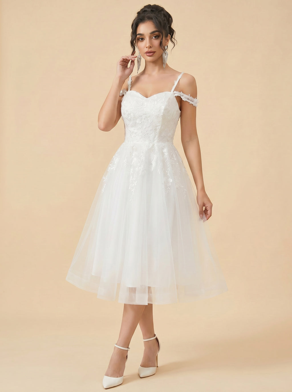 Off-the-shoulder/spaghetti strap midi Wedding Dresses,Tulle prom Dress