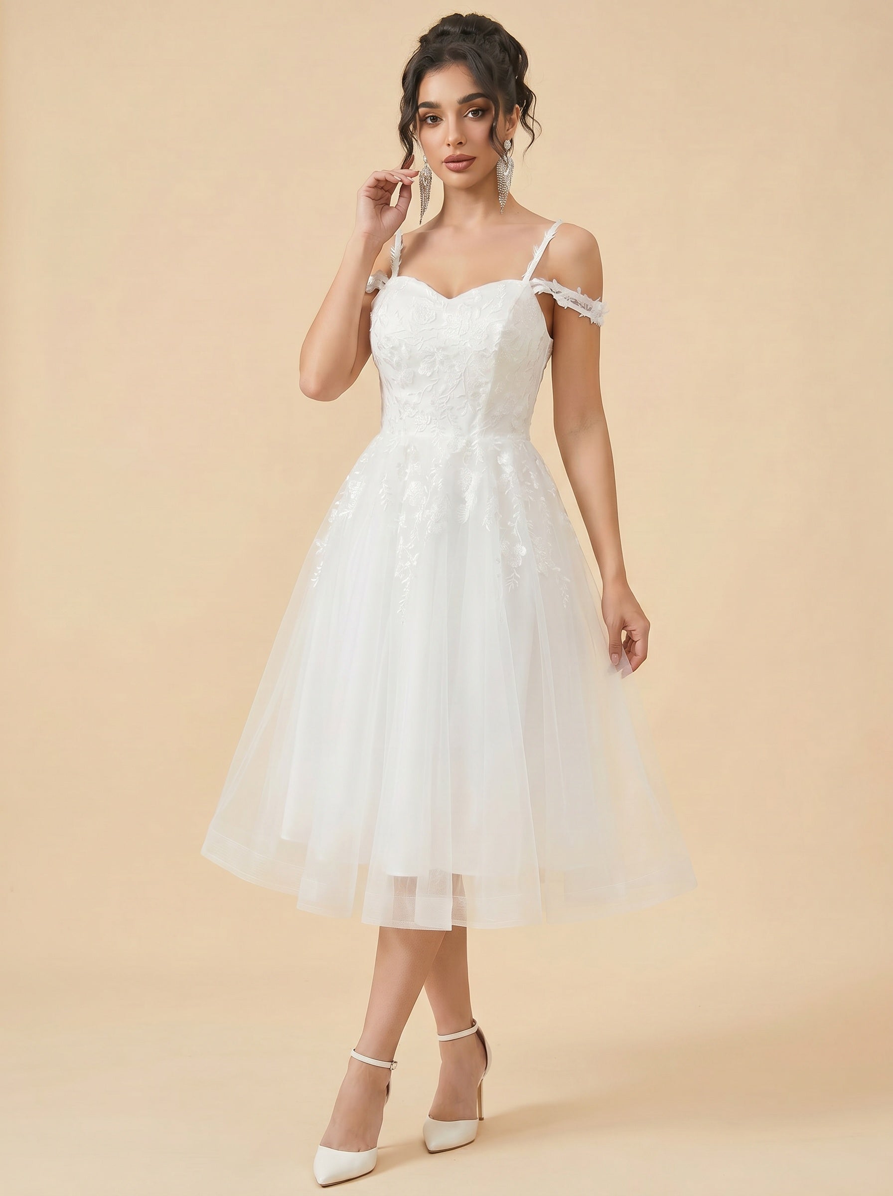 Off-the-shoulder/spaghetti strap midi Wedding Dresses,Tulle prom Dress