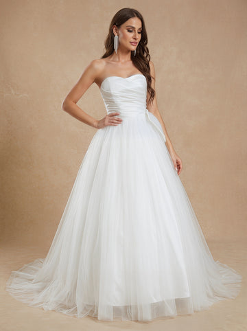 satin ruched bust trailing wedding dress with bow