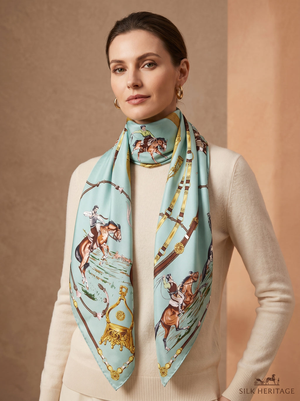 35.4in Mint green vintage style print 100% mulberry Silk scarf accessories