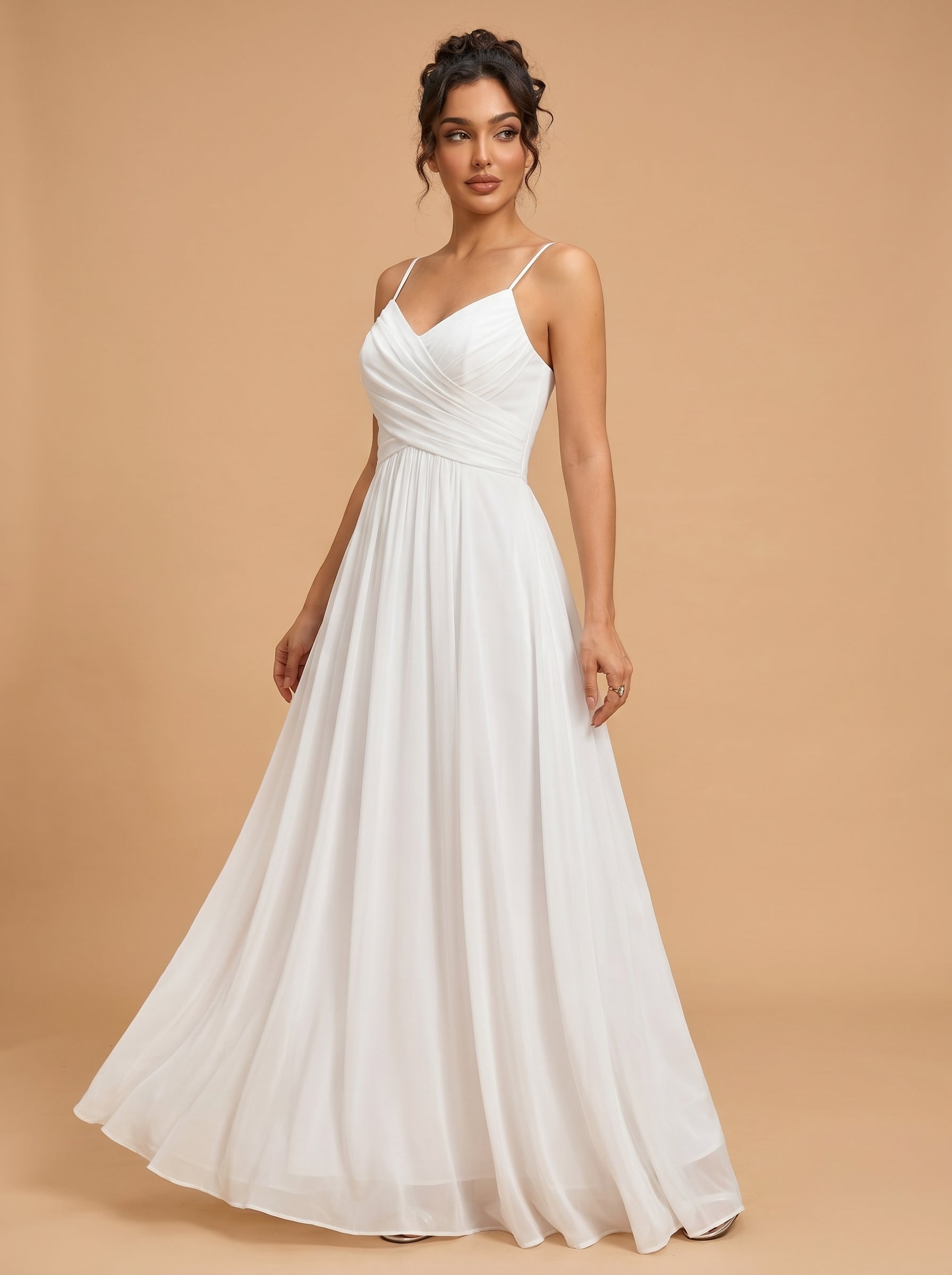 Lace up spaghetti strap ruched bust backless Chiffon bridesmaid dress