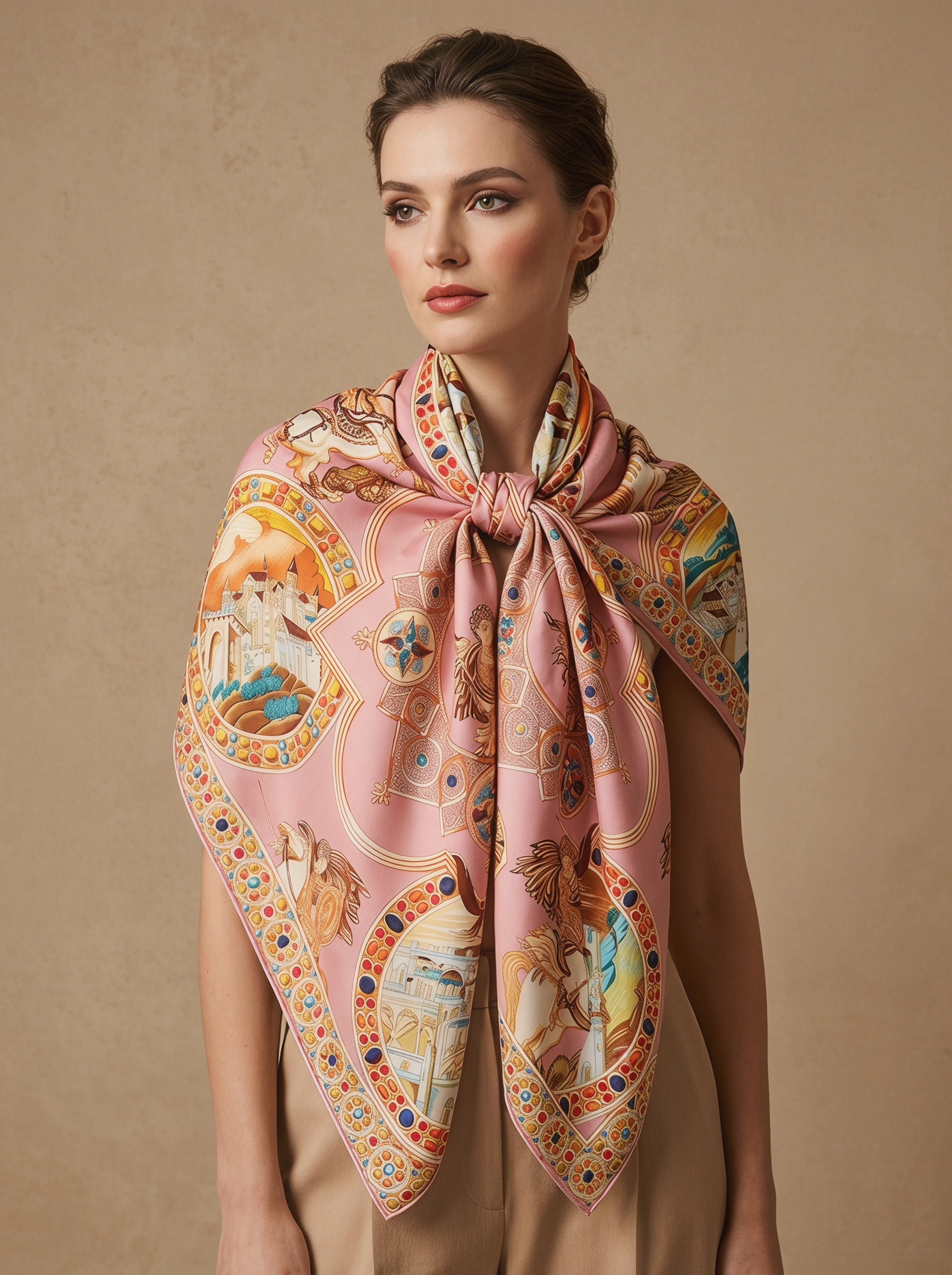 43.3in Vintage style print 100% mulberry Silk scarf accessories，Beach sunscreen scarf