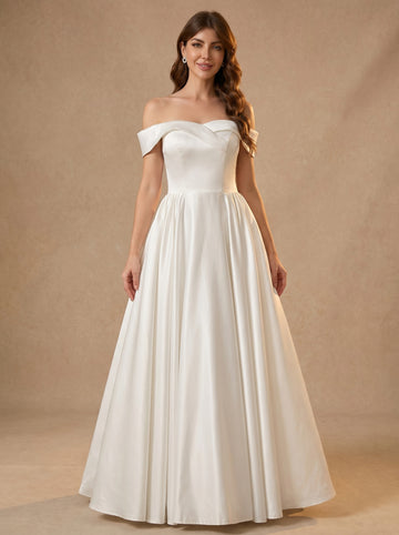 Off The Shoulder Satin Wedding Dresses with Pleated