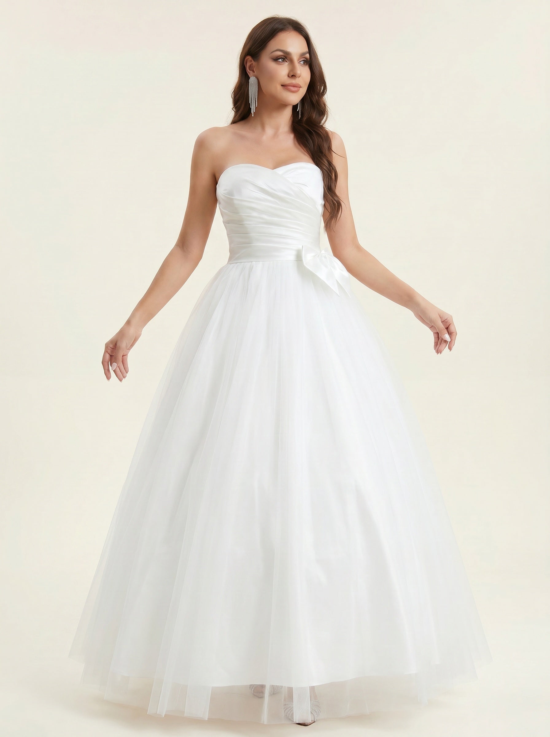 ruched bust satin wedding dress with bow