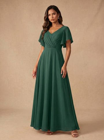Ruched bust short sleeves Chiffon bridesmaid dress
