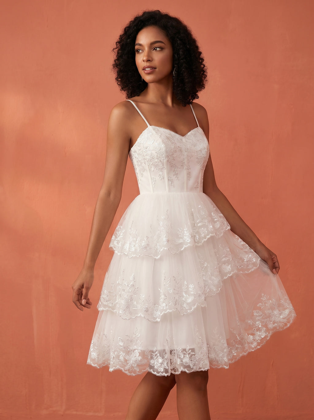 Asymmetric layered skirt, lace & sequins appliques wedding dress