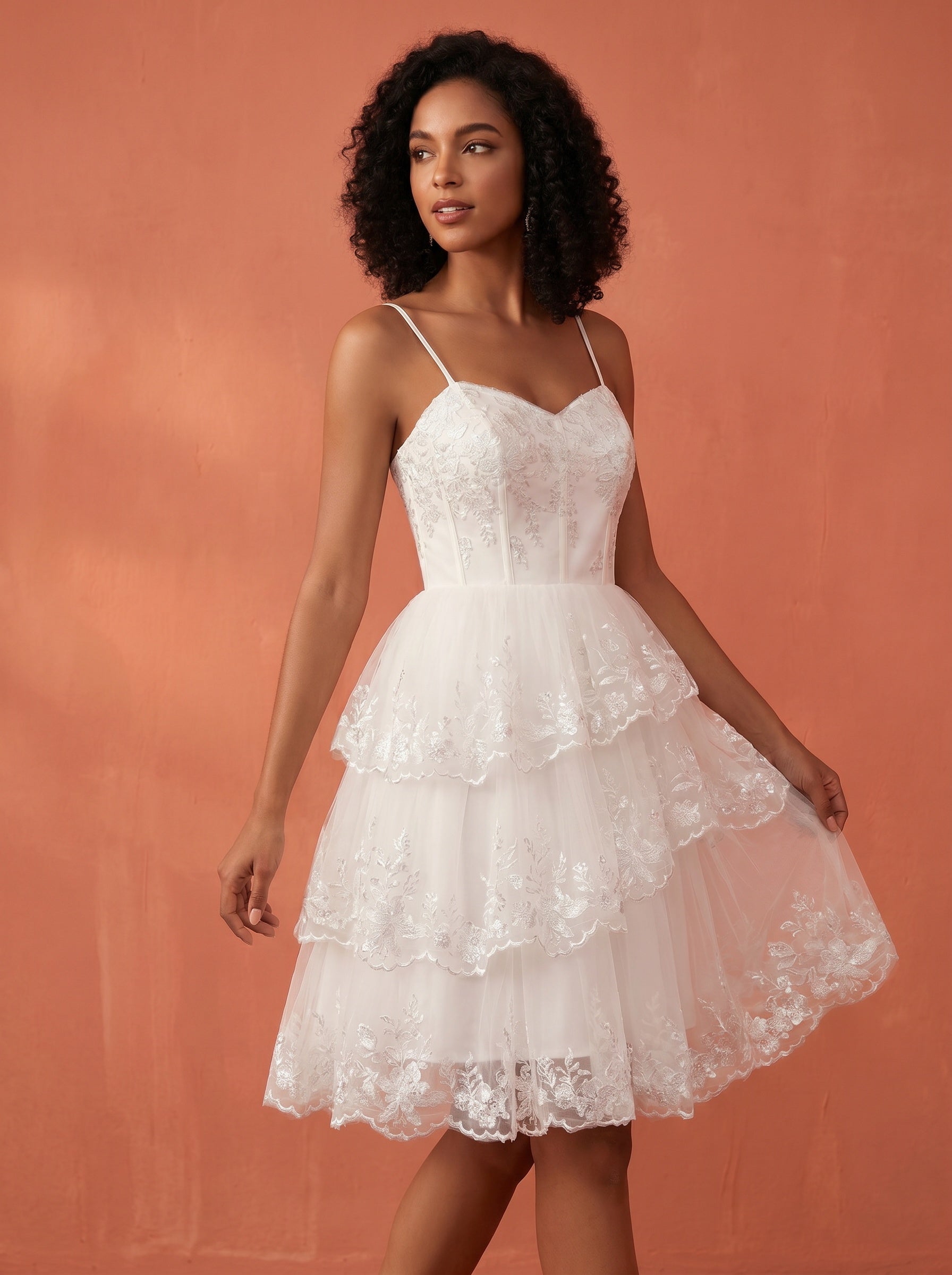 Asymmetric layered skirt, lace & sequins appliques wedding dress