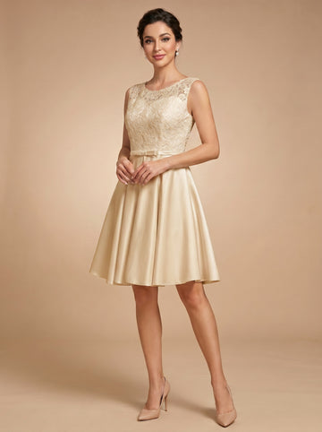 Lace short satin Wedding Dress with bow belt