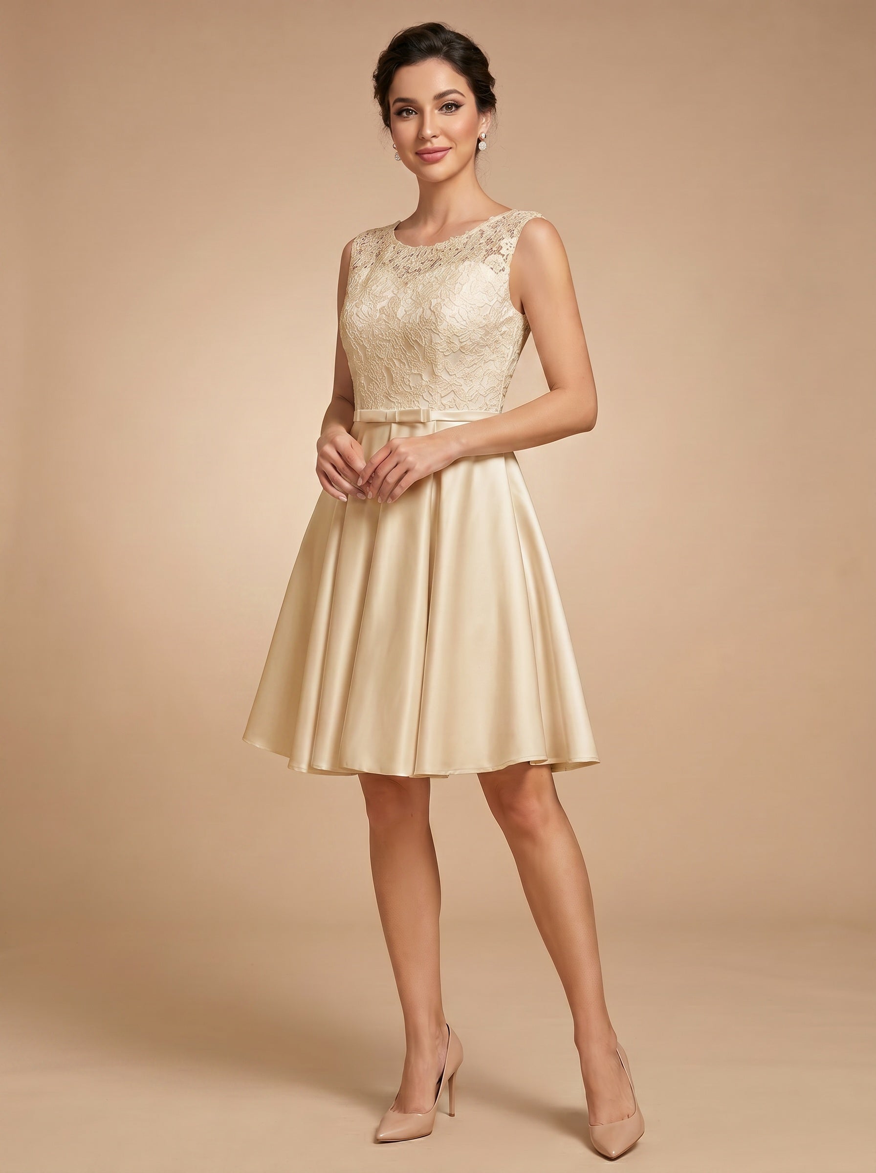 Lace short satin Wedding Dress with bow belt