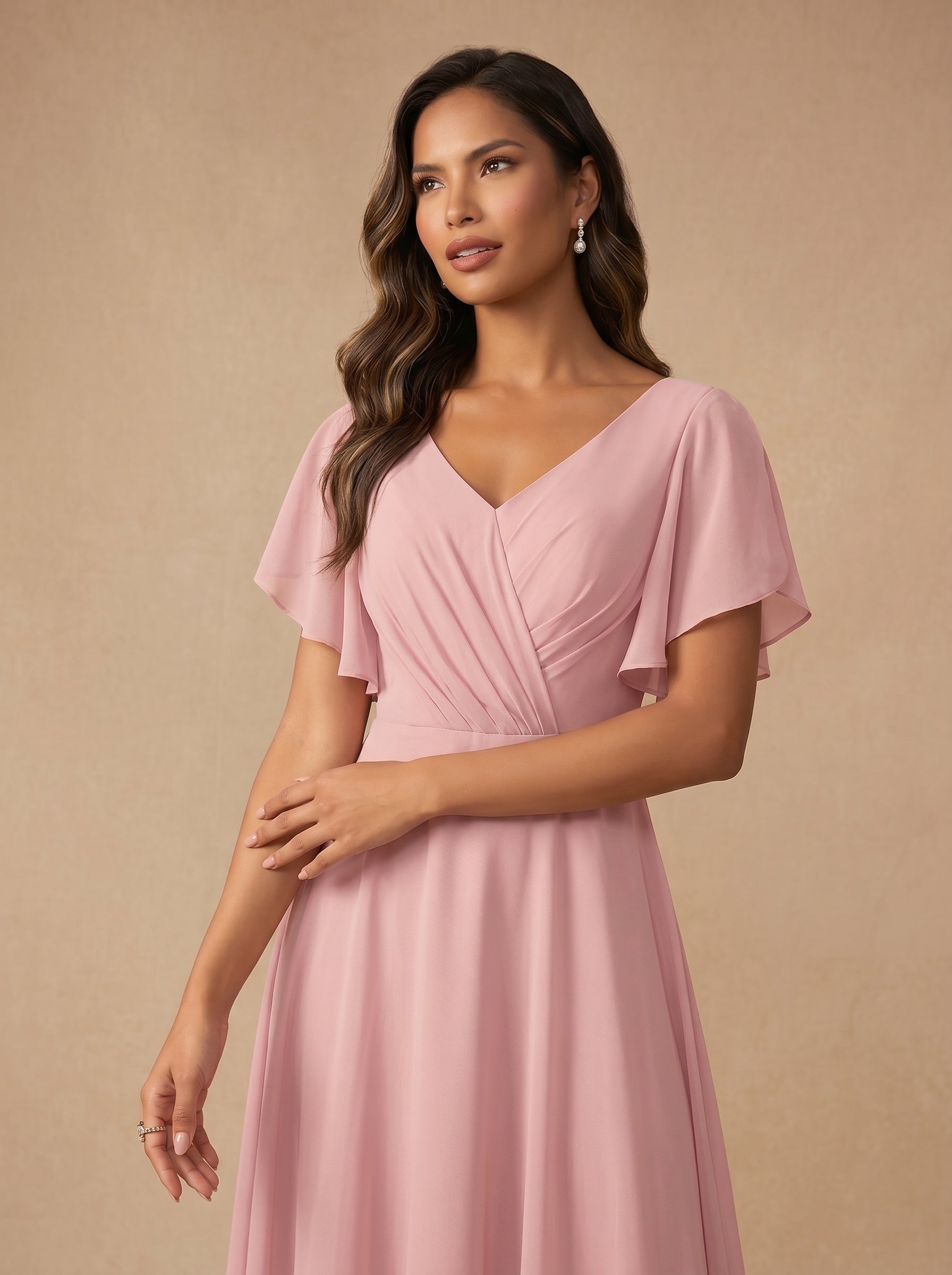 Ruched bust short sleeves Chiffon bridesmaid dress