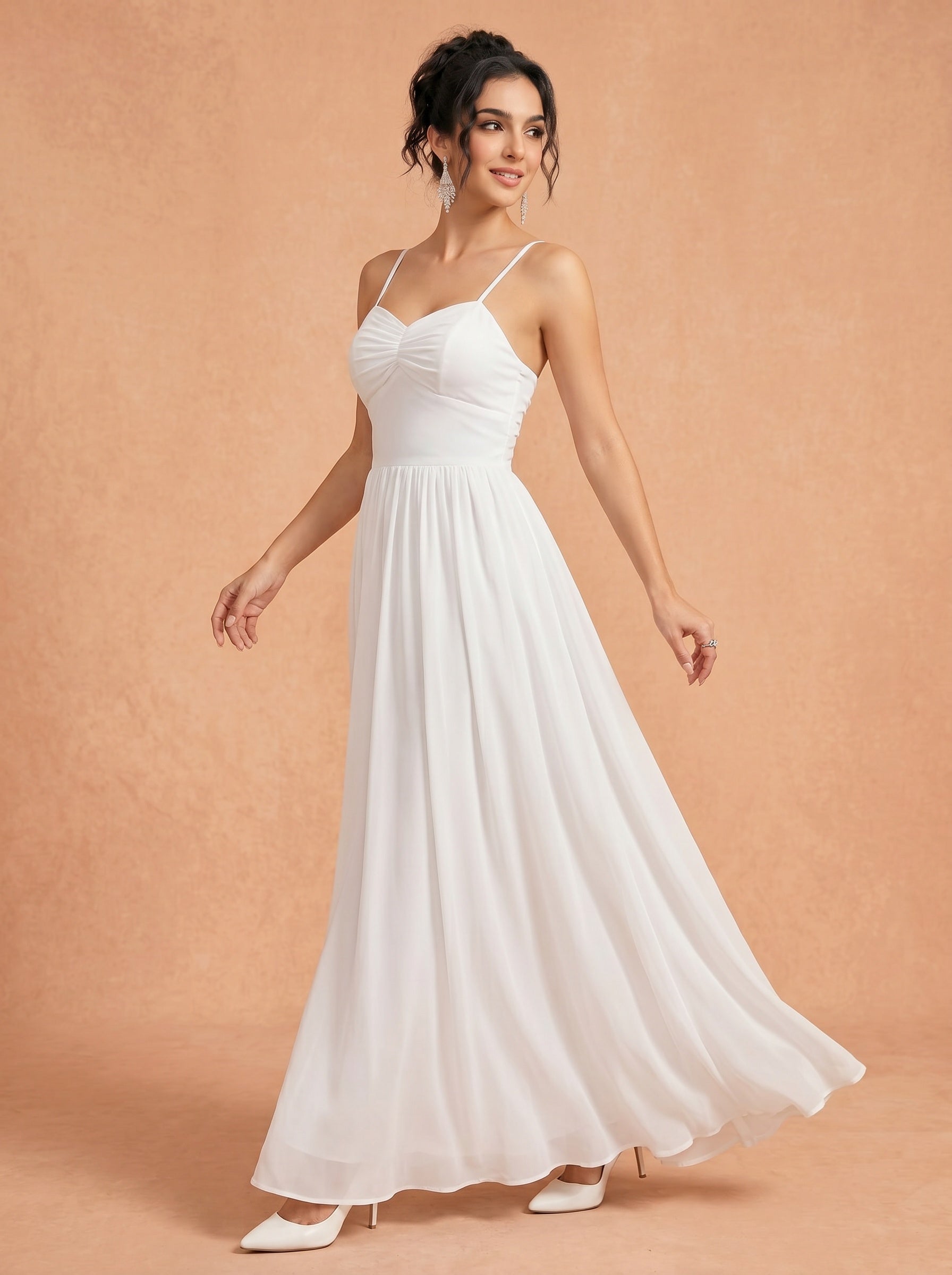 Lace up spaghetti strap ruched bust backless Chiffon bridesmaid dress