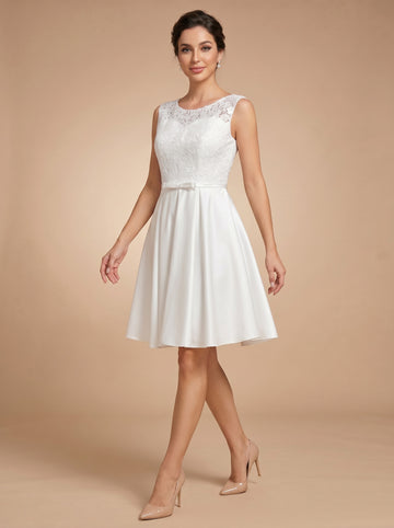 Lace short satin Wedding Dress with bow belt