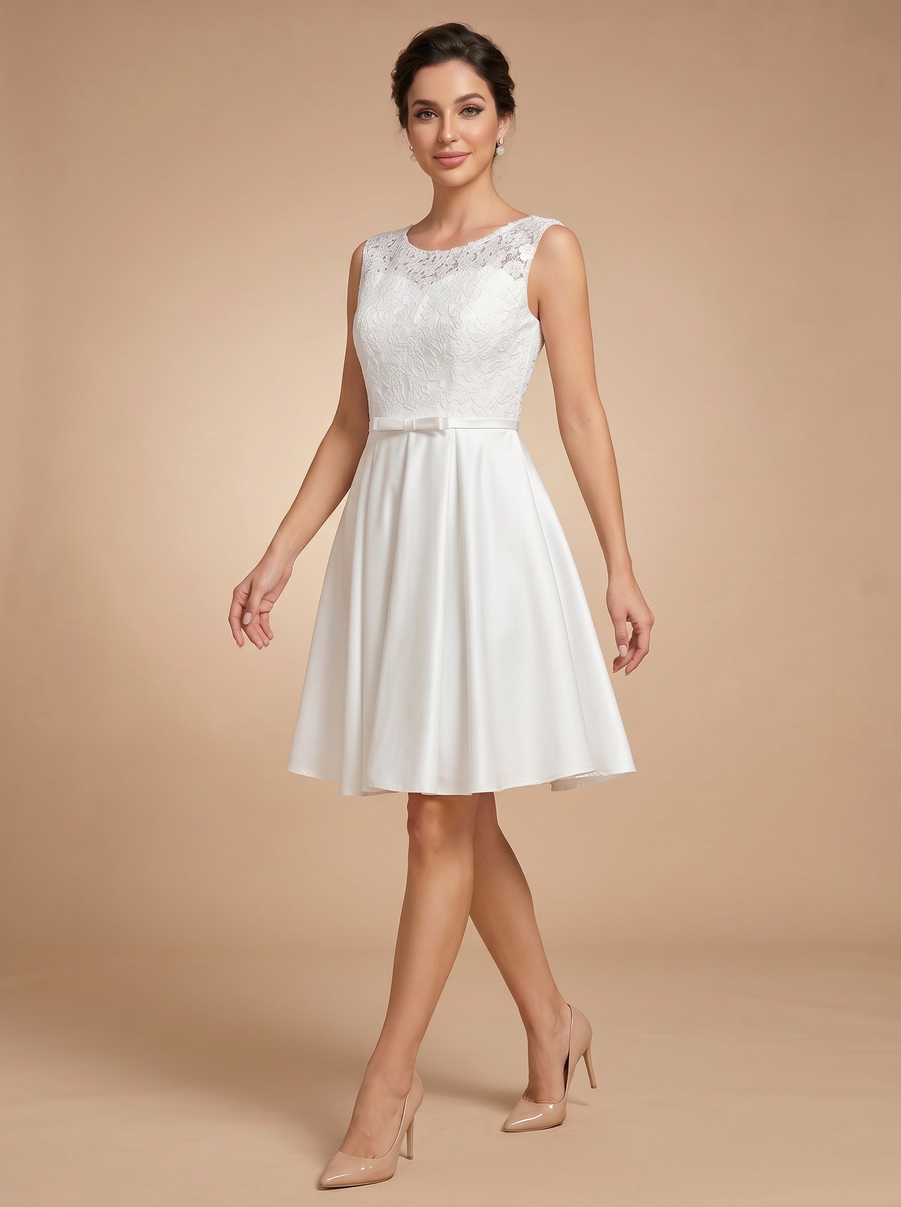 Lace short satin Wedding Dress with bow belt