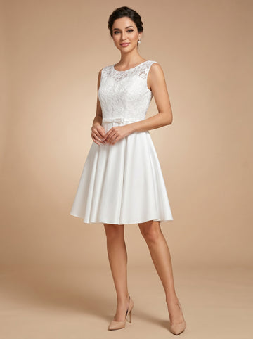 Lace short satin Wedding Dress with bow belt