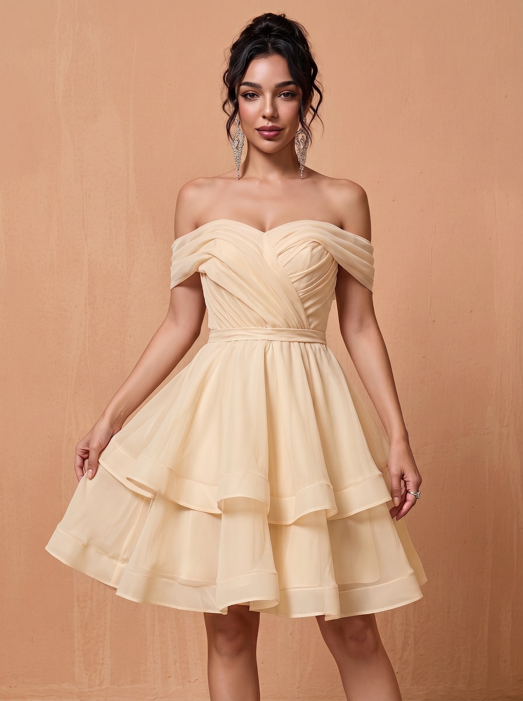 Short off-shoulder layered chiffon prom dress