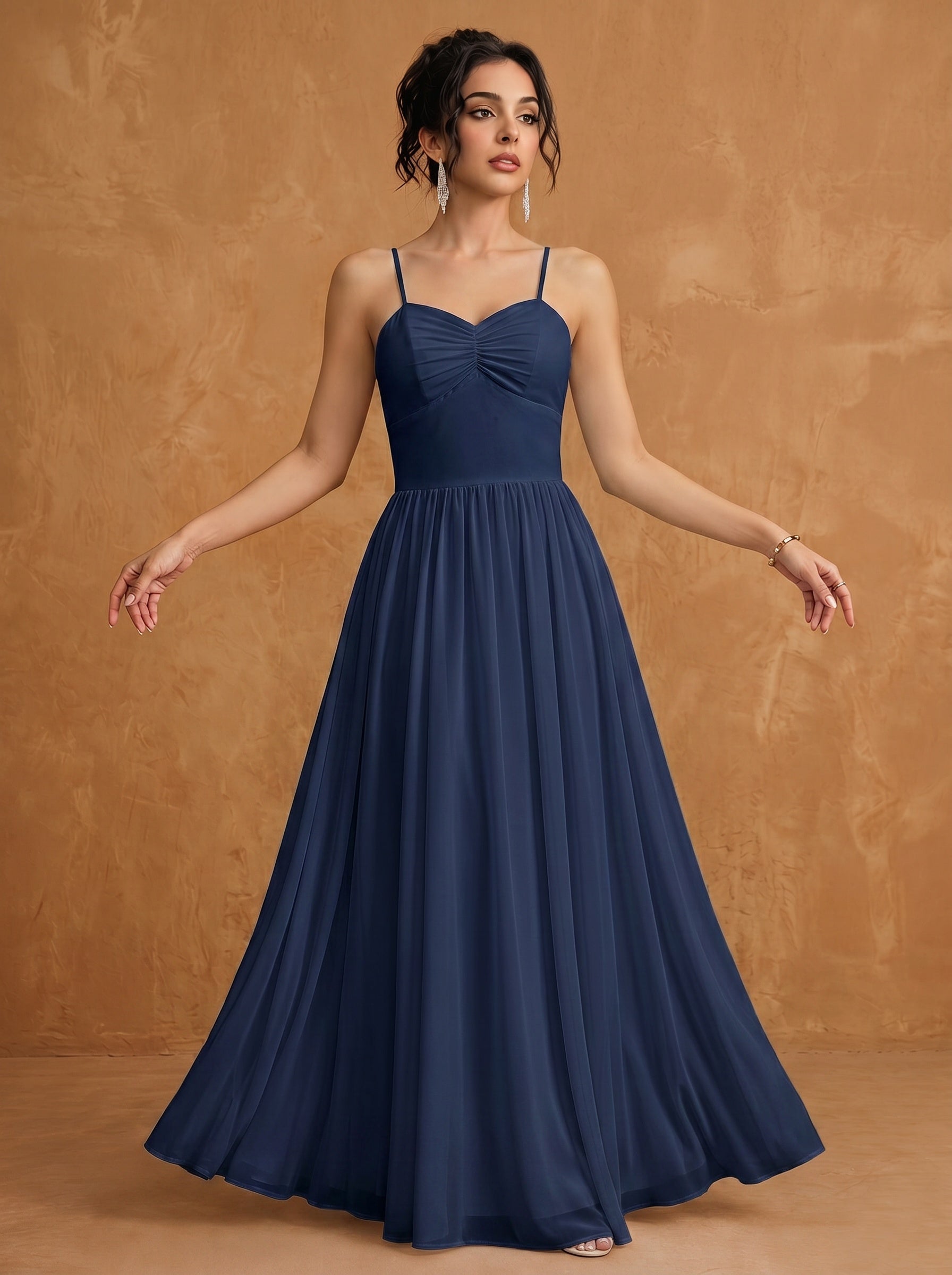 Lace up spaghetti strap ruched bust backless Chiffon bridesmaid dress