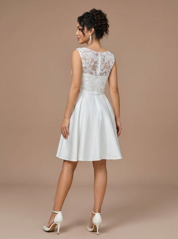 Lace short satin Wedding Dress with bow belt