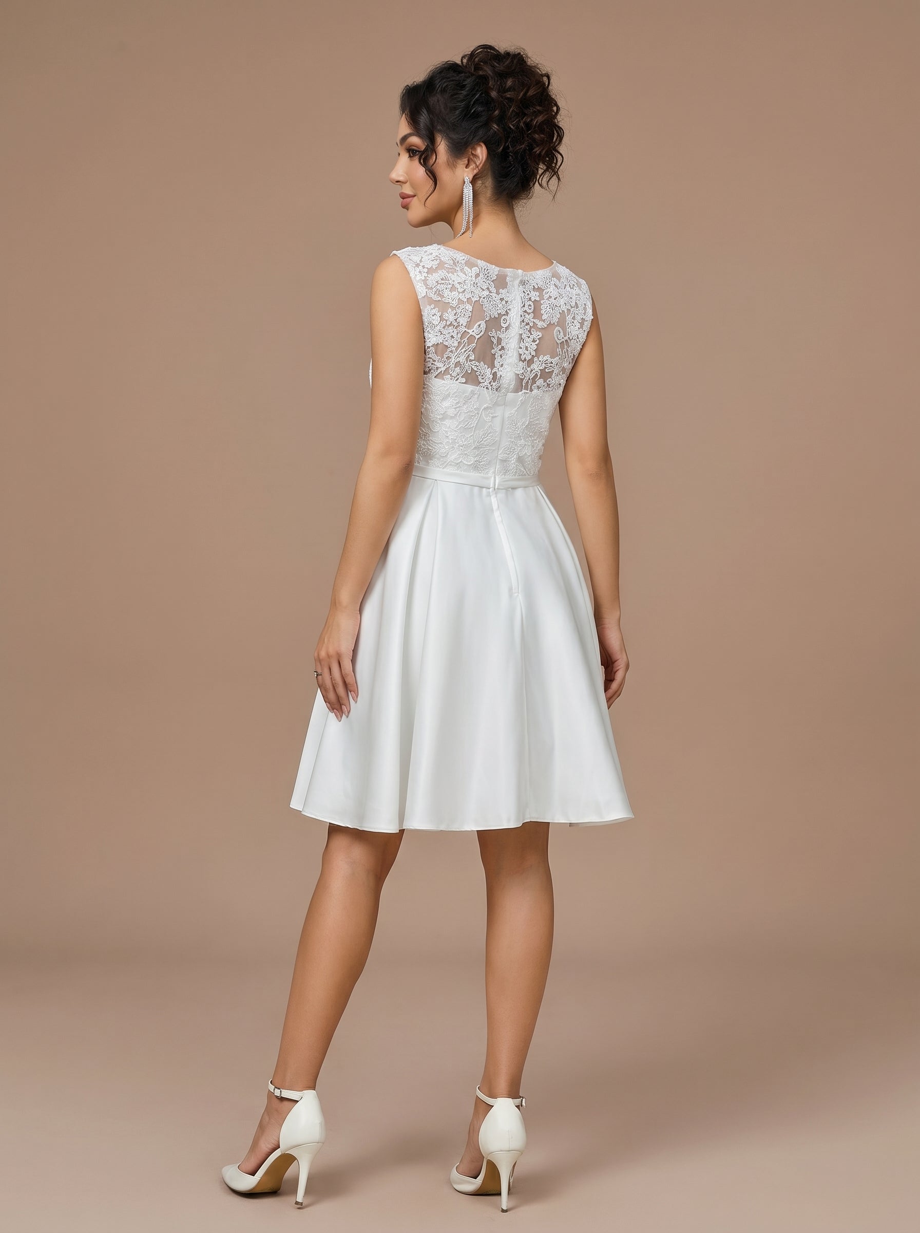 Lace short satin Wedding Dress with bow belt