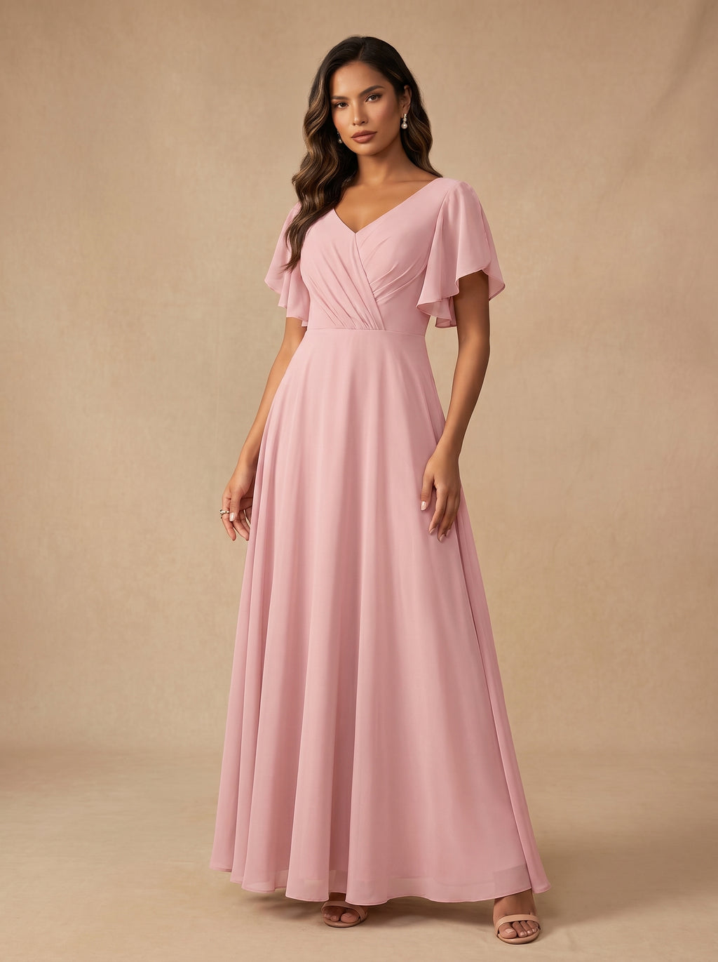 Ruched bust short sleeves Chiffon bridesmaid dress