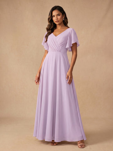 Ruched bust short sleeves Chiffon bridesmaid dress