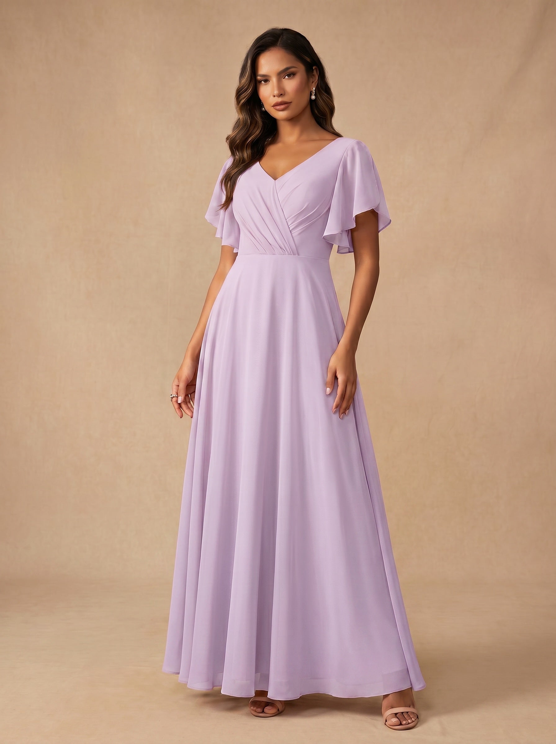 Ruched bust short sleeves Chiffon bridesmaid dress