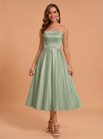 Classic folded satin white dress with pockets，midi length prom Dress