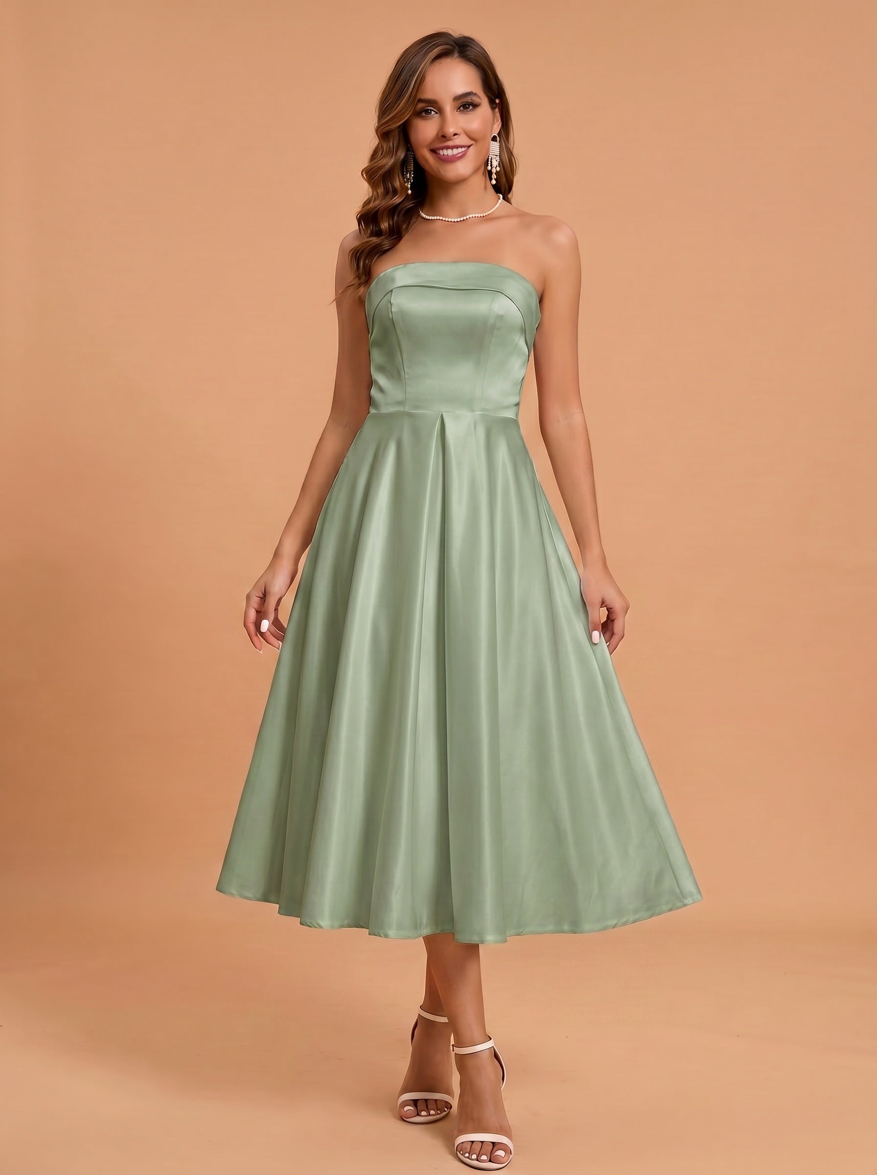 Classic folded satin white dress with pockets，midi length prom Dress