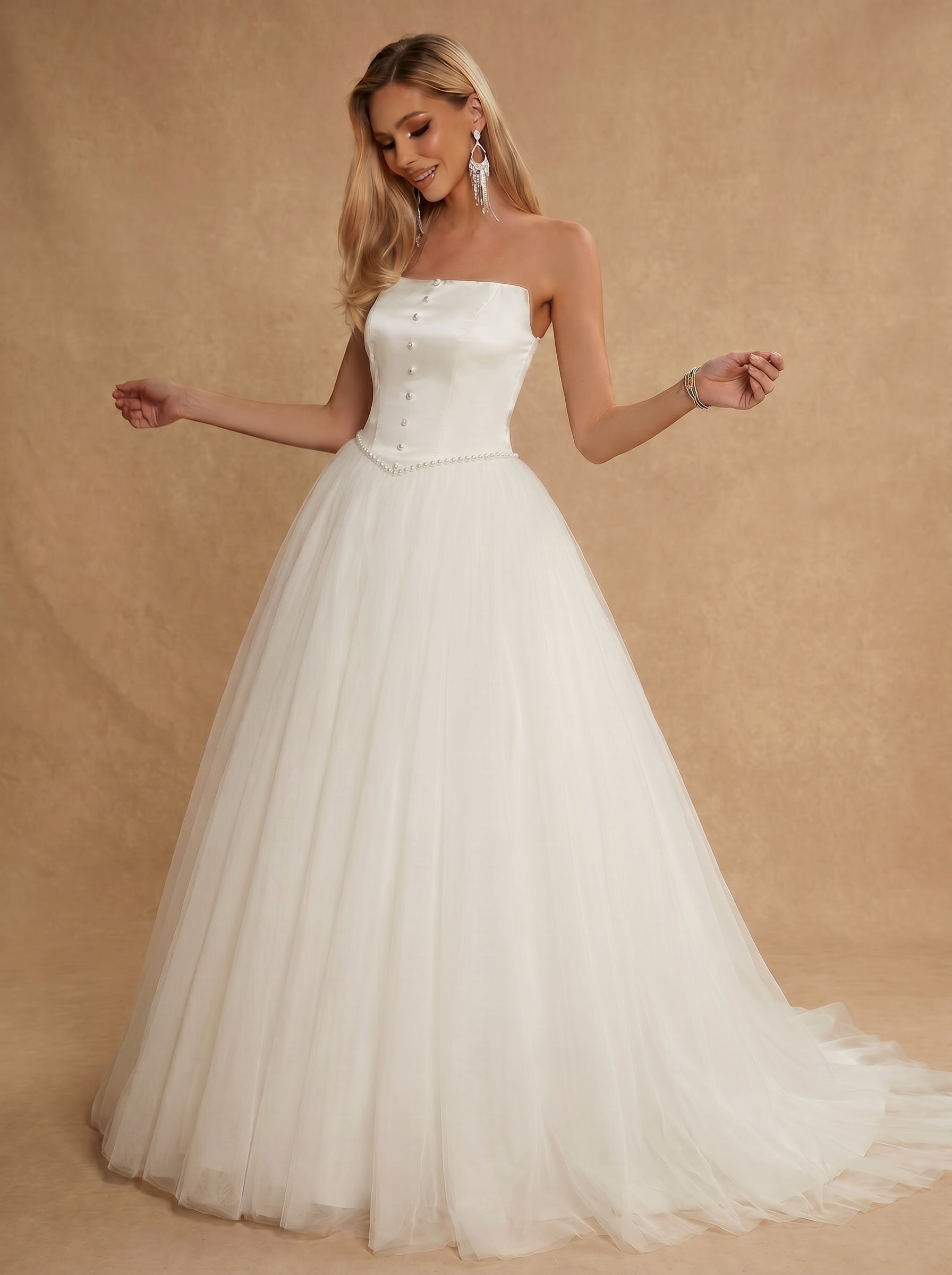 Imitation pearl embellishment trailing satin wedding dress