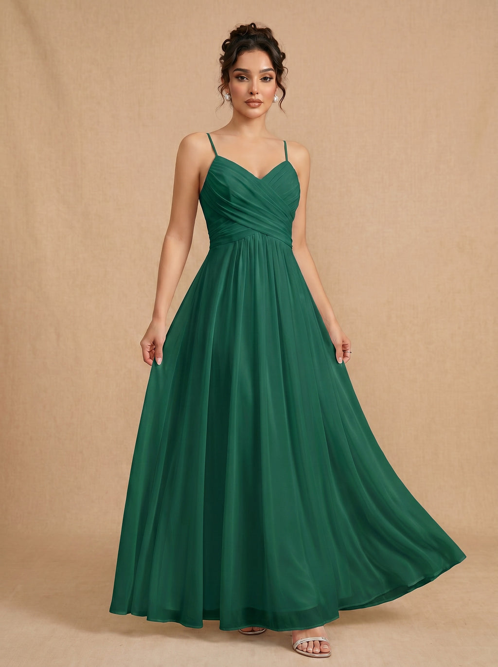 Lace up spaghetti strap ruched bust backless Chiffon bridesmaid dress