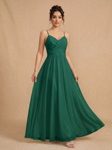 Lace up spaghetti strap ruched bust backless Chiffon bridesmaid dress