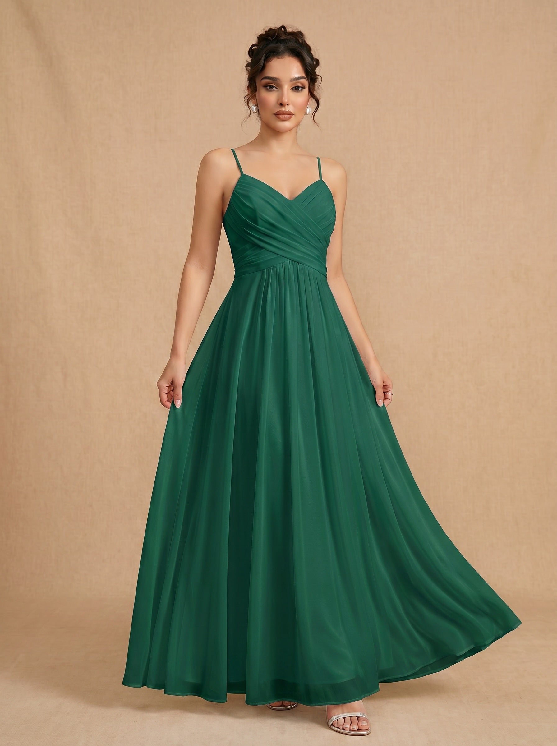 Lace up spaghetti strap ruched bust backless Chiffon bridesmaid dress