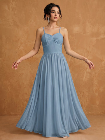Lace up spaghetti strap ruched bust backless Chiffon bridesmaid dress