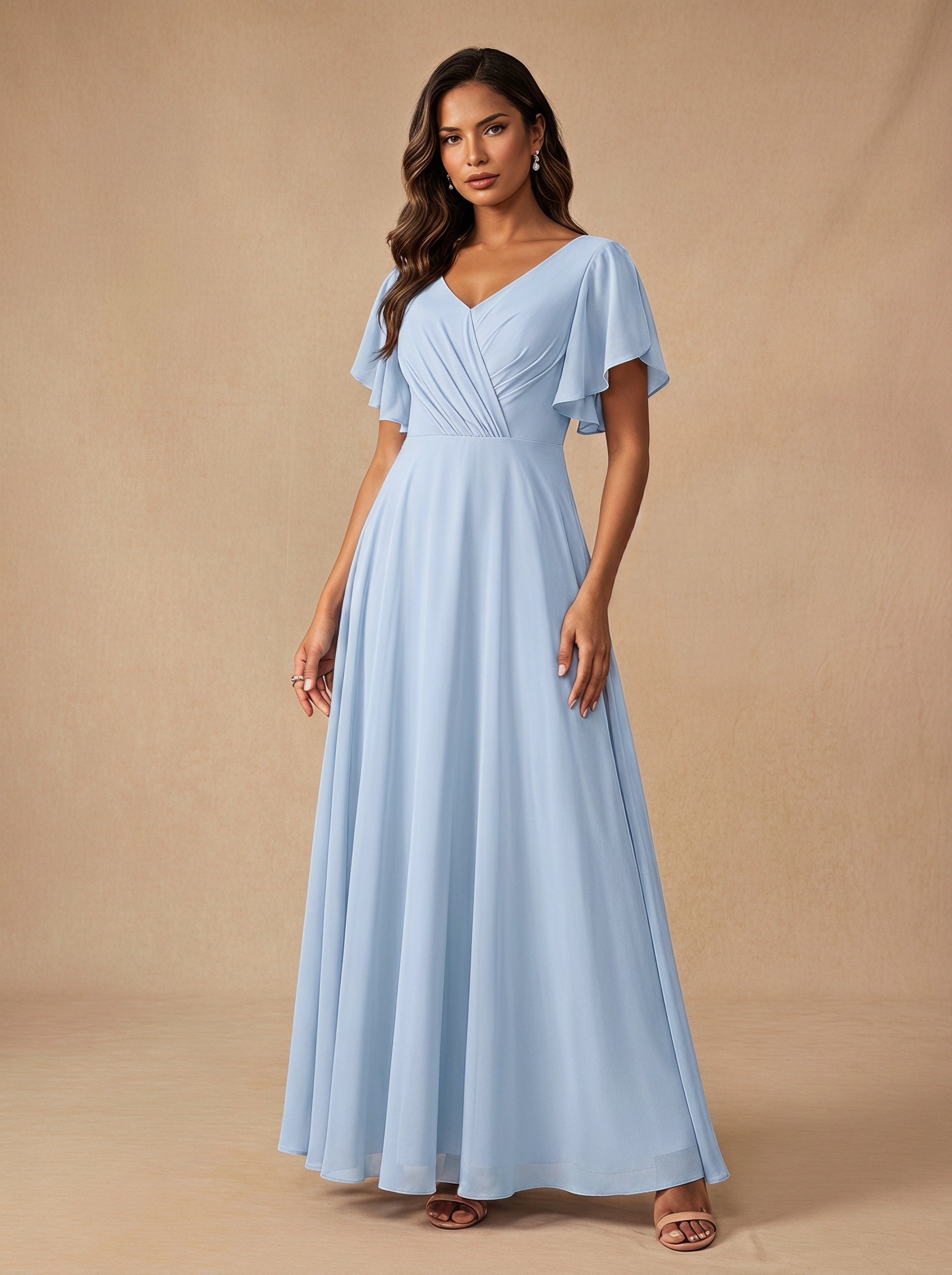 Ruched bust short sleeves Chiffon bridesmaid dress