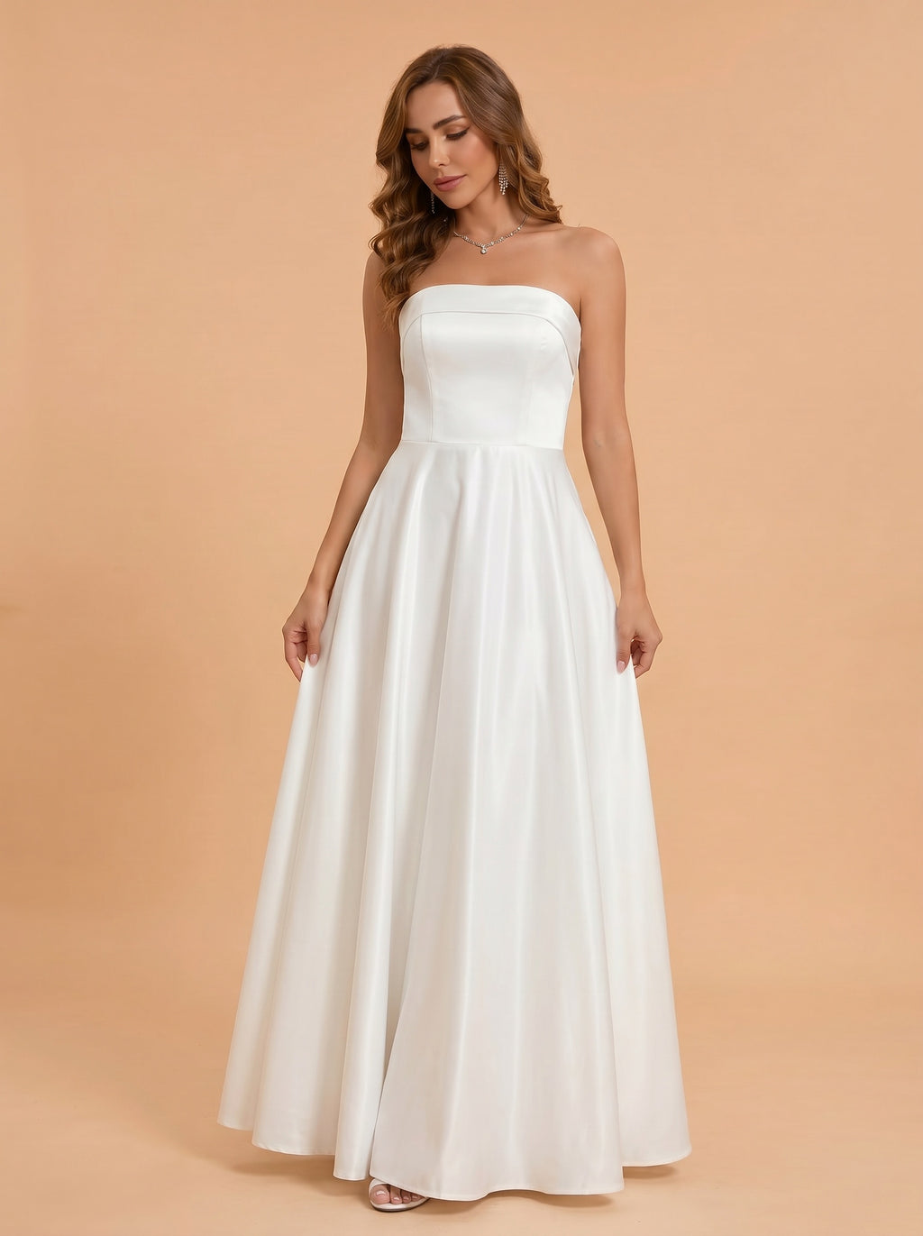 Classic folded satin wedding dress with pockets