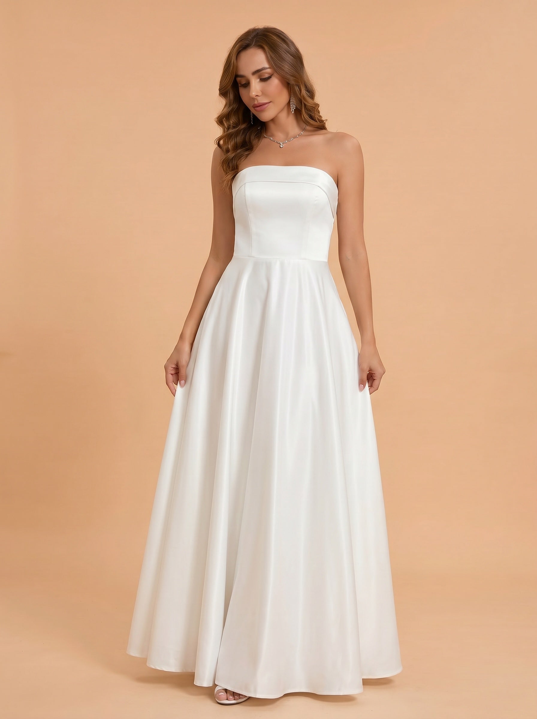Classic folded satin wedding dress with pockets