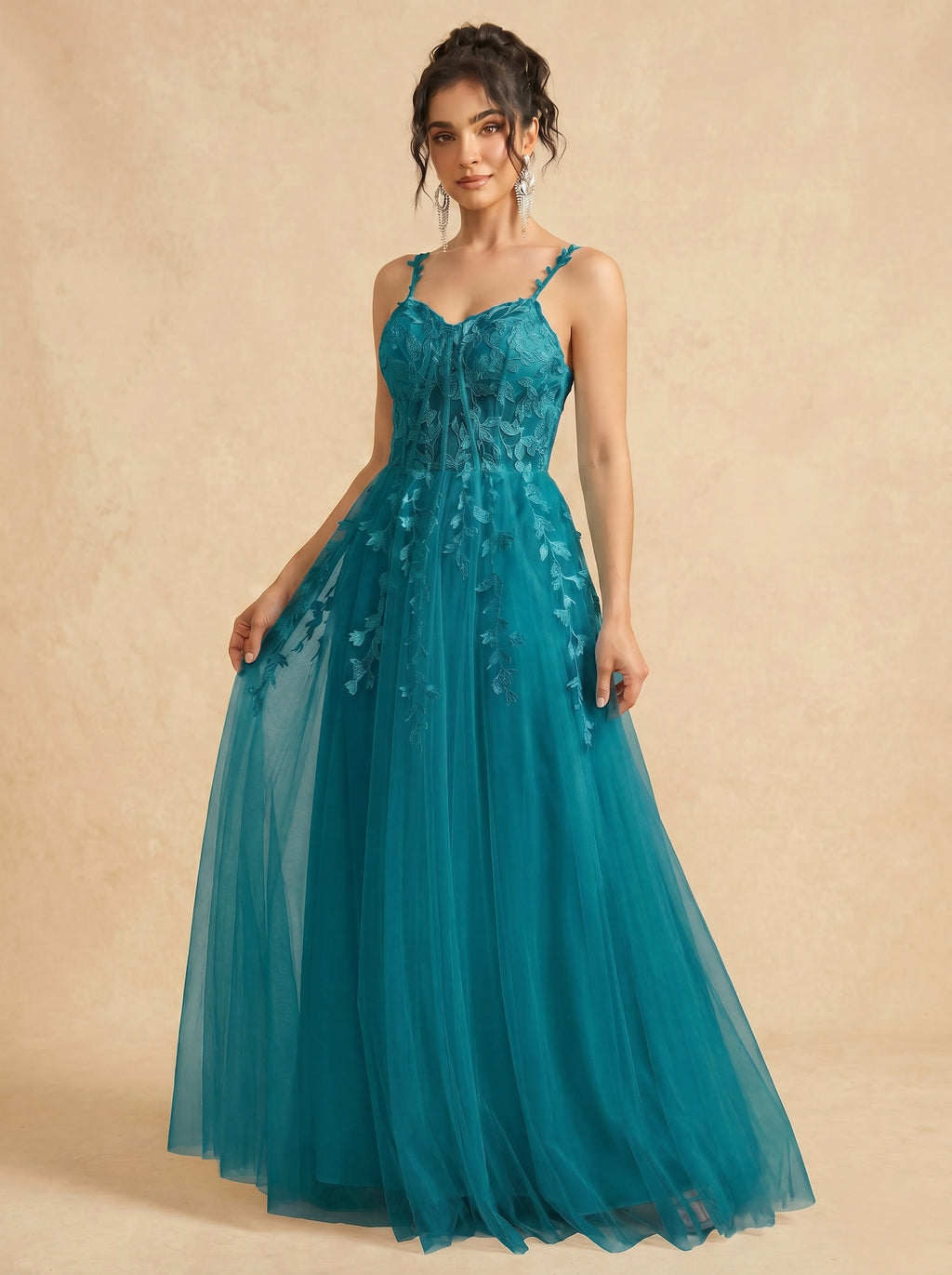 Leaves appliques tulle prom dress