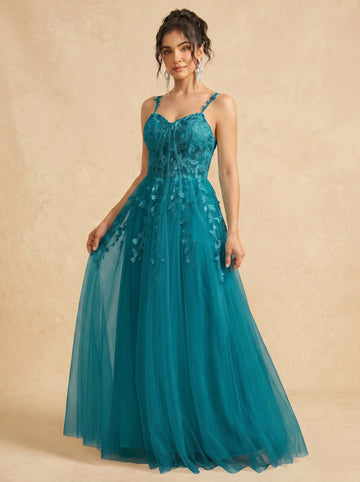 Leaves appliques tulle prom dress
