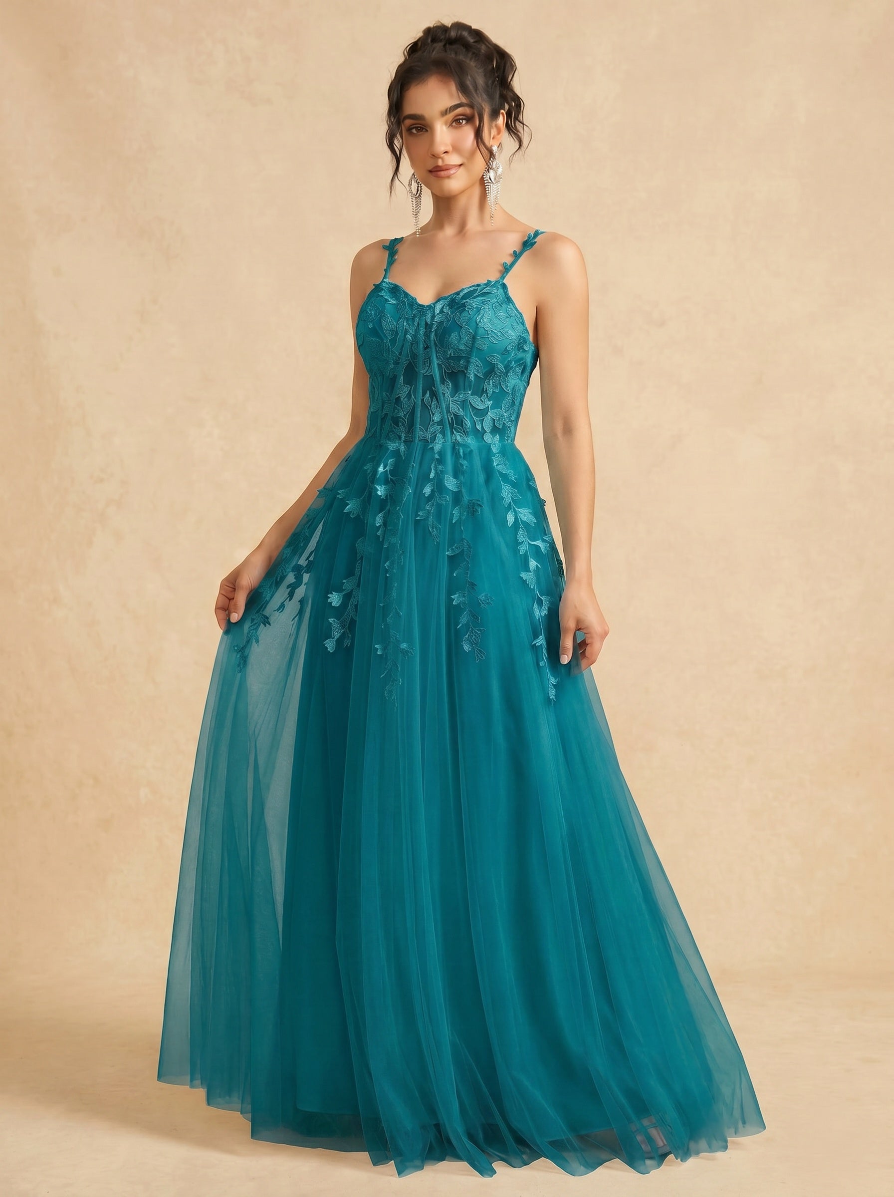 Leaves appliques tulle prom dress